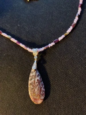 N #309 Attractive Jasper Leopard Skin Pendant Necklace.  Two Types of Chakra Stones