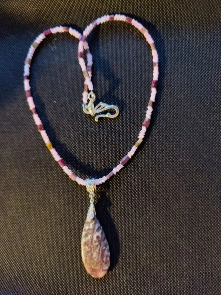 N #309 Attractive Jasper Leopard Skin Pendant Necklace.  Two Types of Chakra Stones