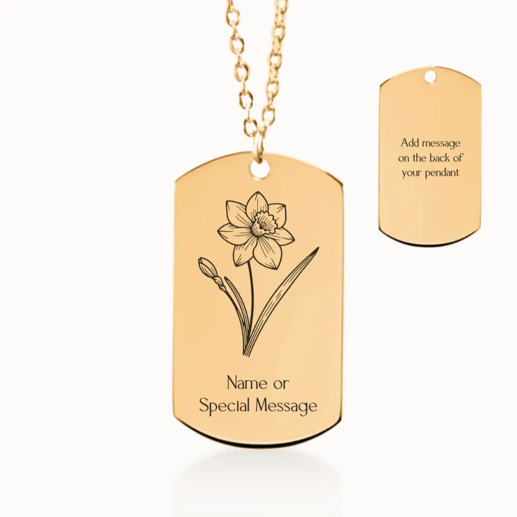 Narcissus Birth Flower Tag Pendant on Fine Chain