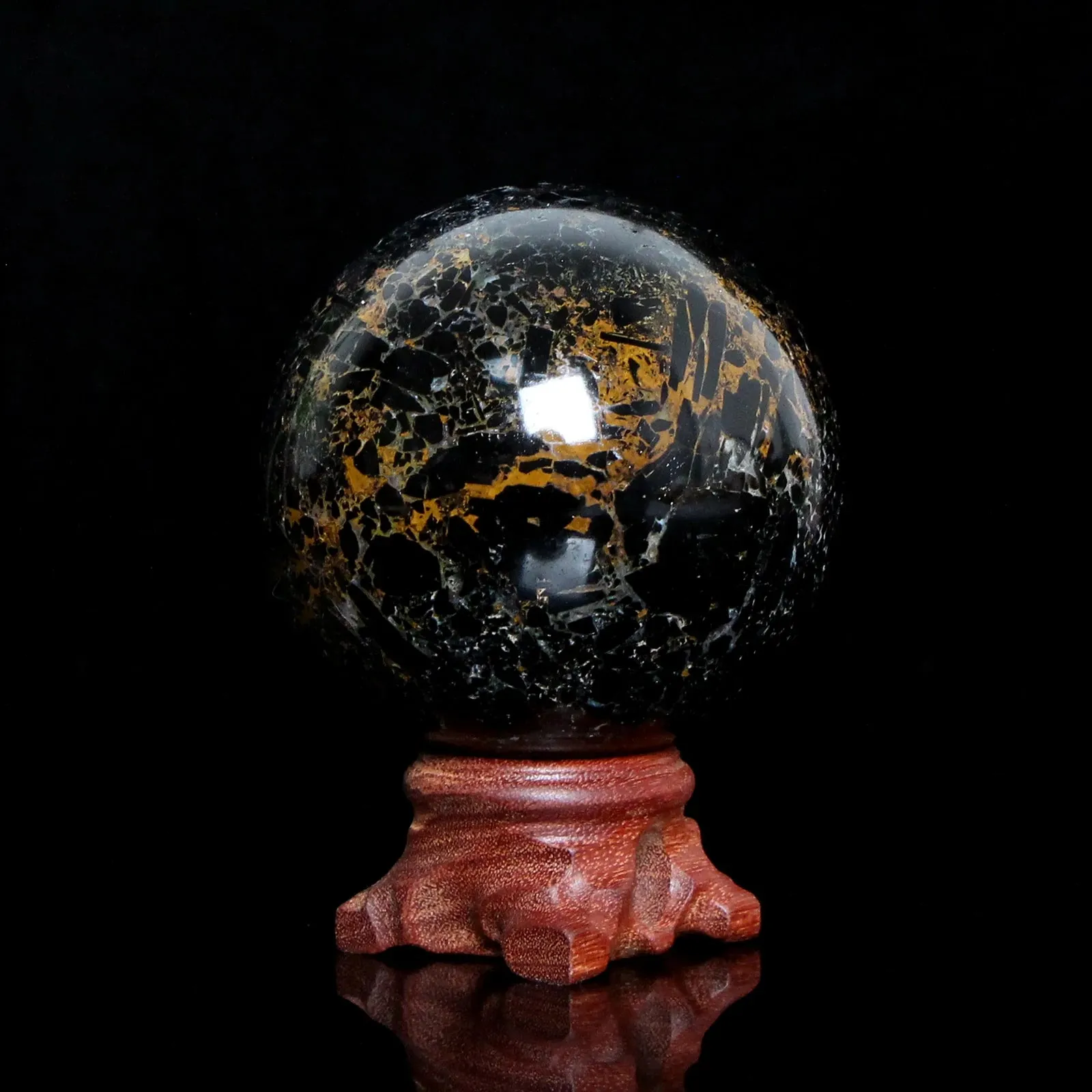 Natural Crystal Yellow Patterned Black Tourmaline Sphere Transparent Quartz Spiritual Healing