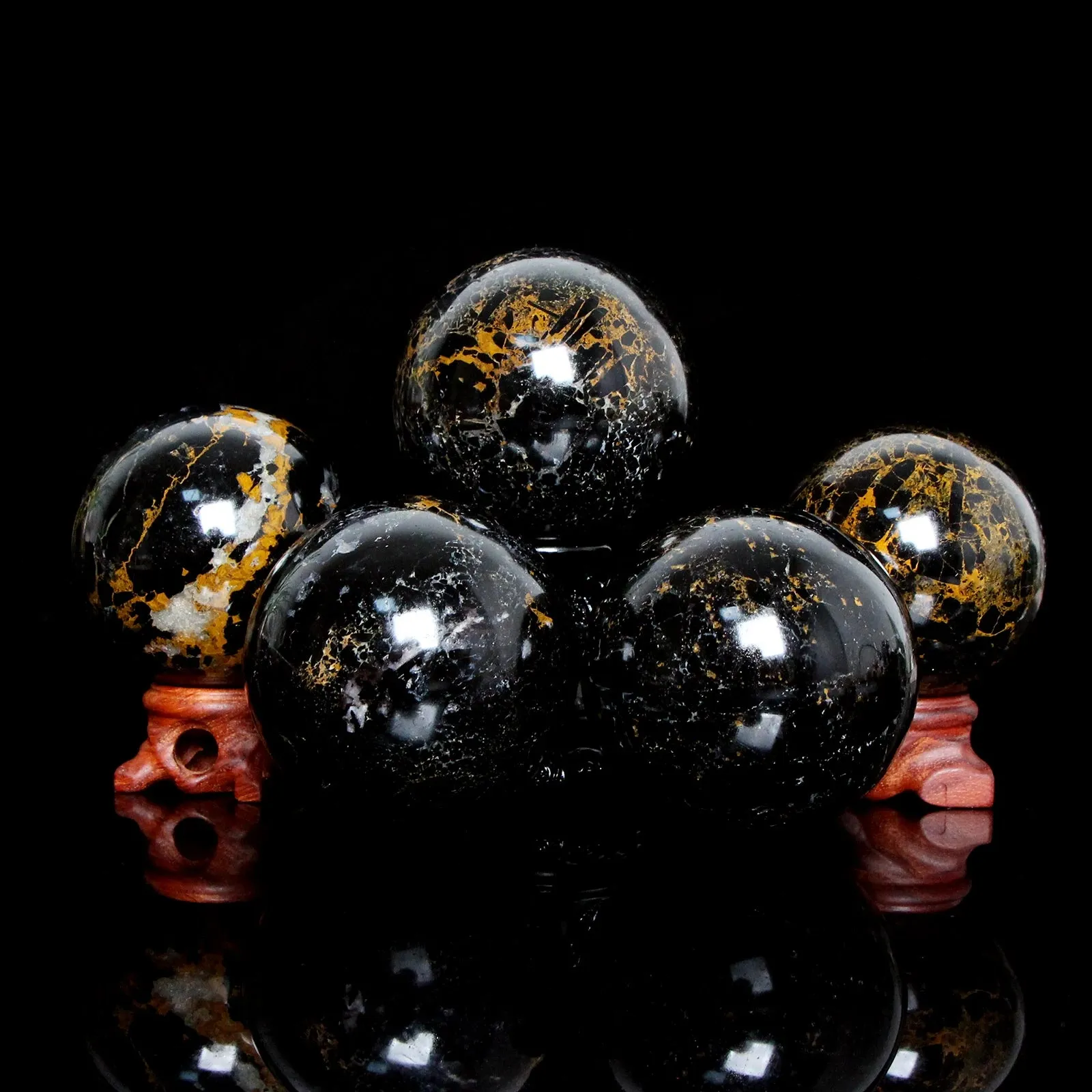 Natural Crystal Yellow Patterned Black Tourmaline Sphere Transparent Quartz Spiritual Healing