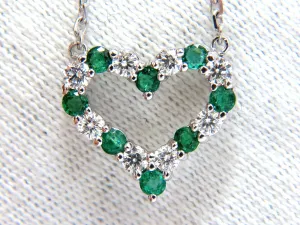 Natural Emeralds & Diamonds open heart necklace .90ct. 14kt G/Vs
