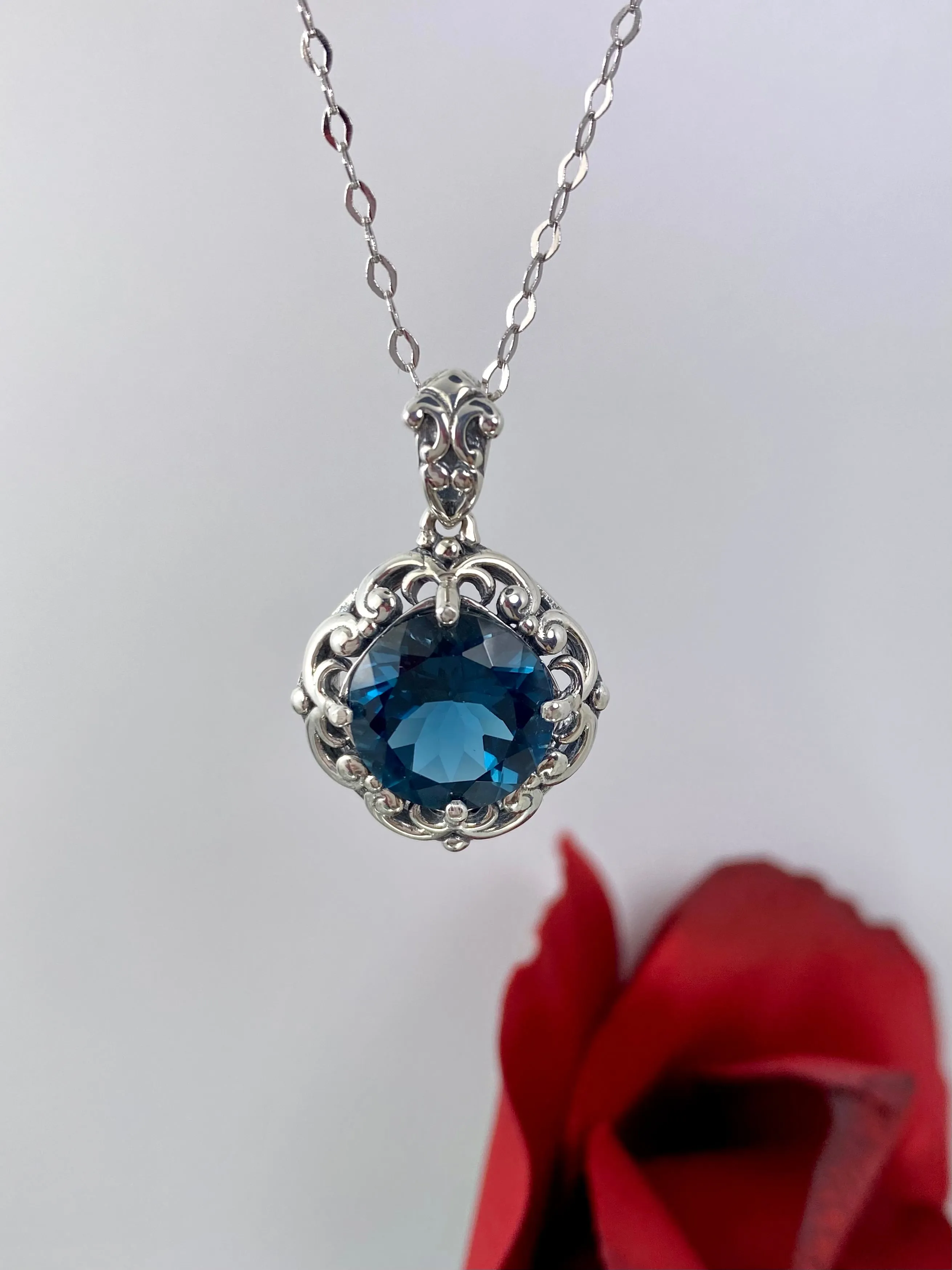 Natural London Blue Pendant Necklace, Vintage Jewelry #P103z
