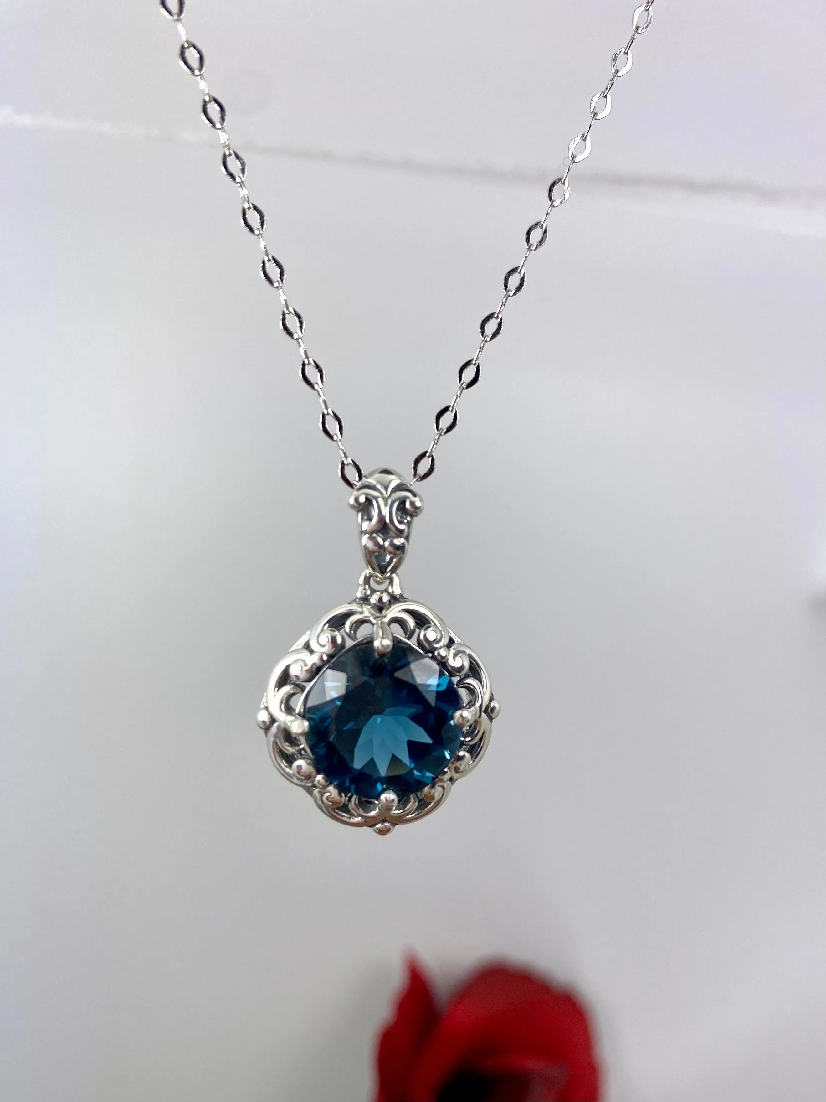 Natural London Blue Pendant Necklace, Vintage Jewelry #P103z