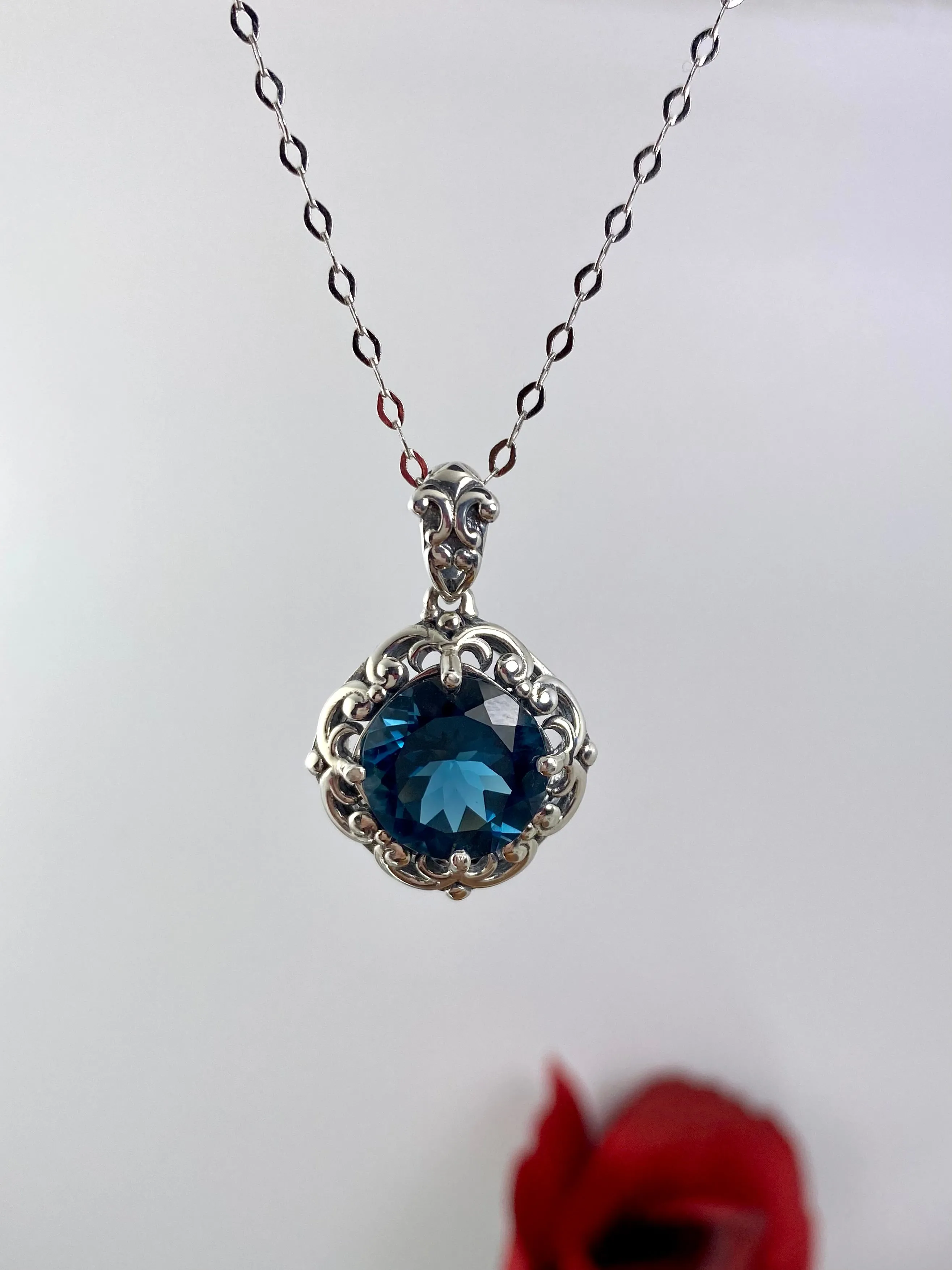 Natural London Blue Pendant Necklace, Vintage Jewelry #P103z