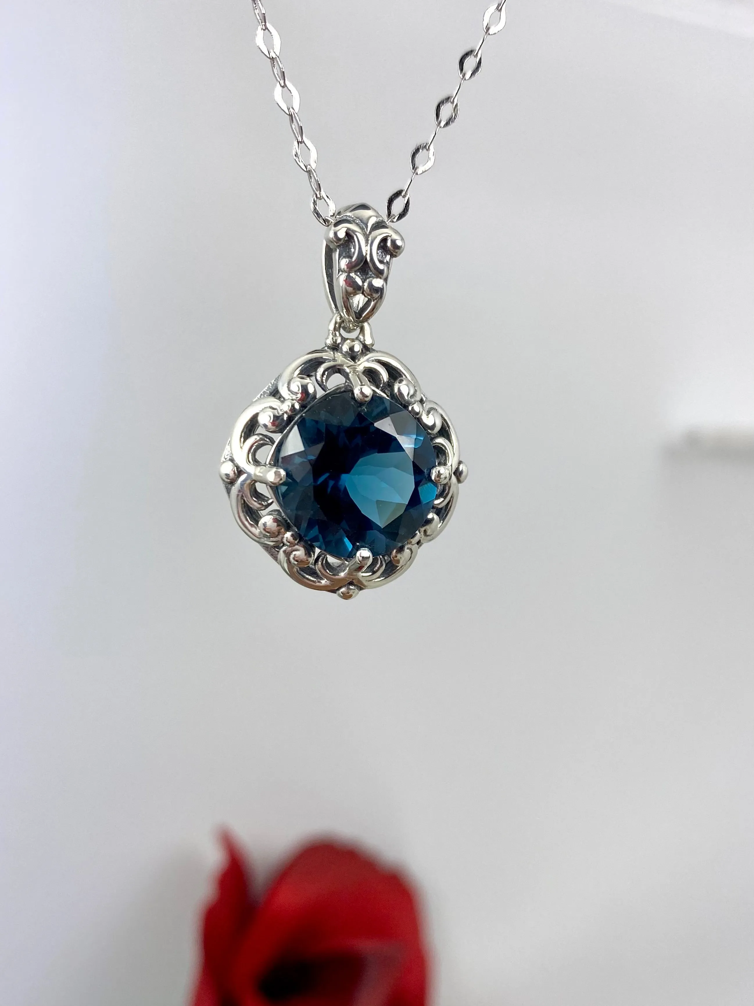 Natural London Blue Pendant Necklace, Vintage Jewelry #P103z
