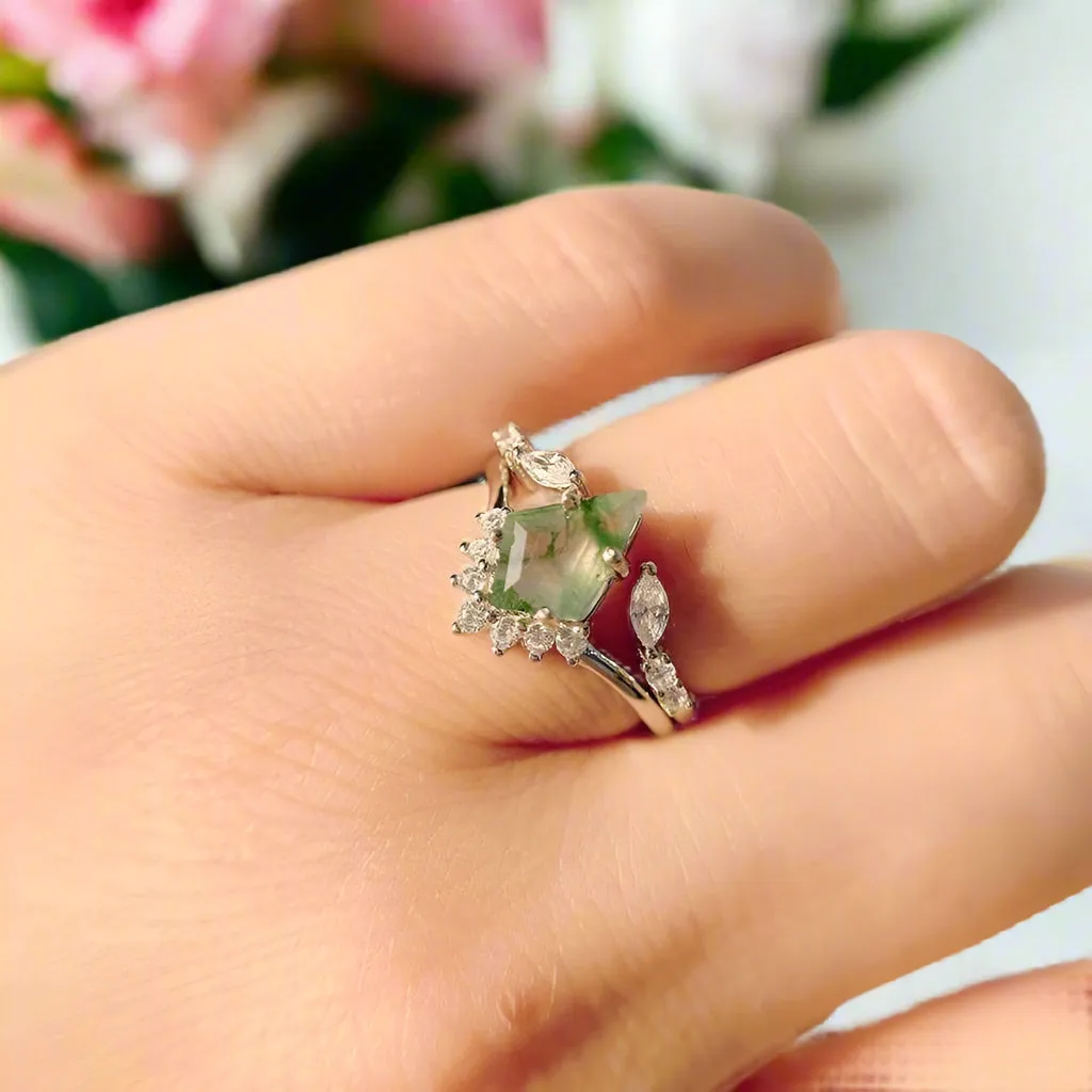 Natural Moss Agate Rhombus Shape Engagement Ring
