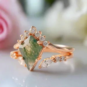 Natural Moss Agate Rhombus Shape Engagement Ring