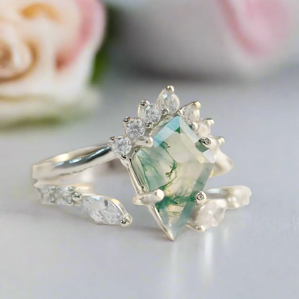 Natural Moss Agate Rhombus Shape Engagement Ring