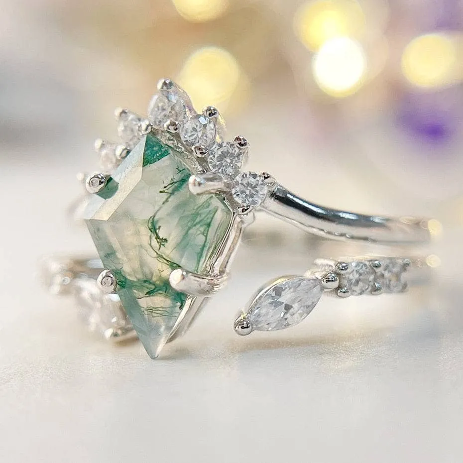 Natural Moss Agate Rhombus Shape Engagement Ring