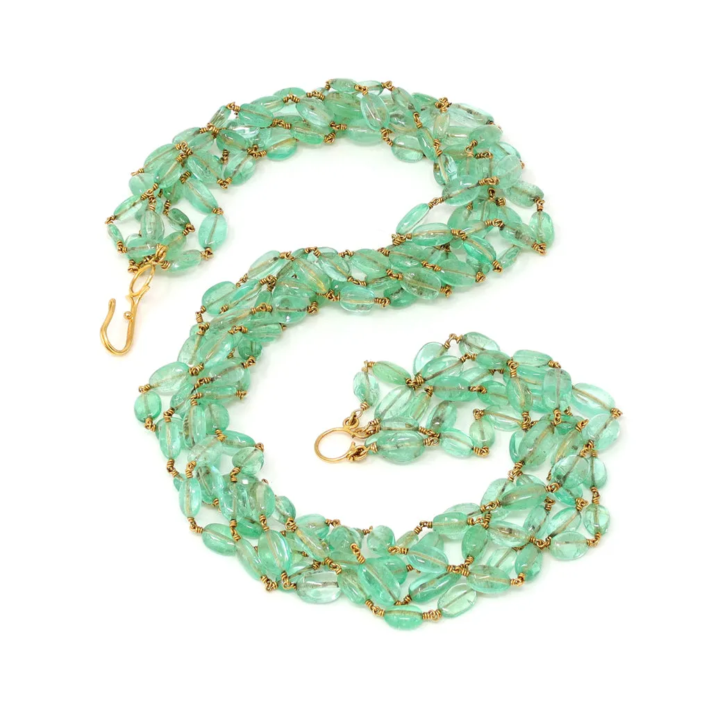 Natural polished Emerald Beads Necklace wired in 18 Karat Yellow Gold