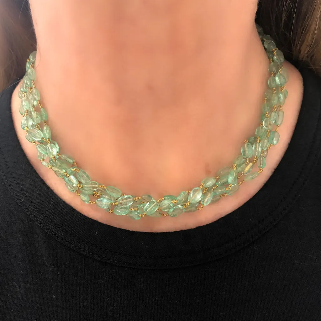 Natural polished Emerald Beads Necklace wired in 18 Karat Yellow Gold