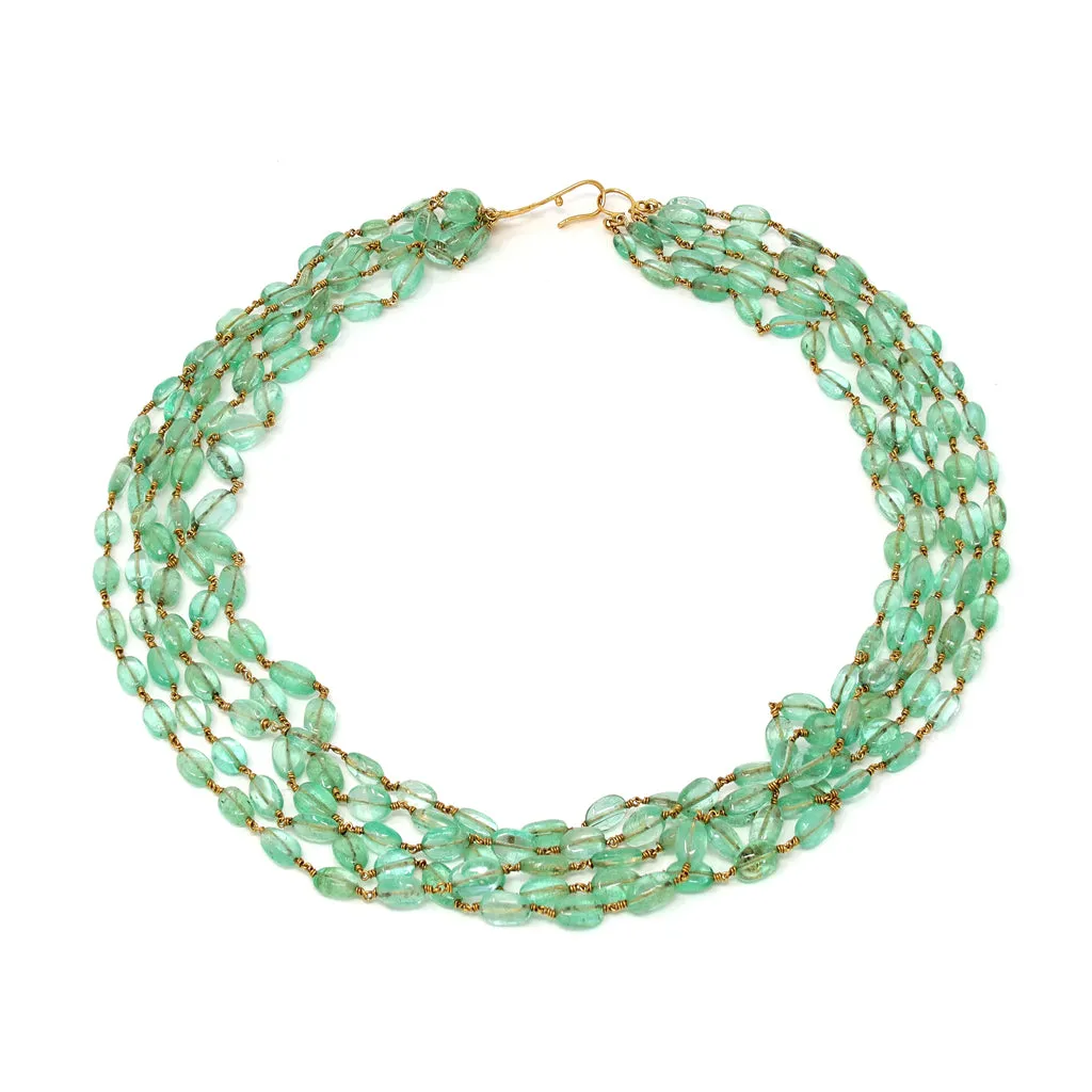 Natural polished Emerald Beads Necklace wired in 18 Karat Yellow Gold