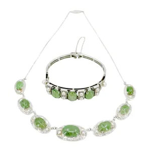 Nephrite Jade Art Deco Engraved Japanese Cultured Akoya Pearl Modernist Pendant Necklace Bracelet Set- Sterling Silver 16 Inch