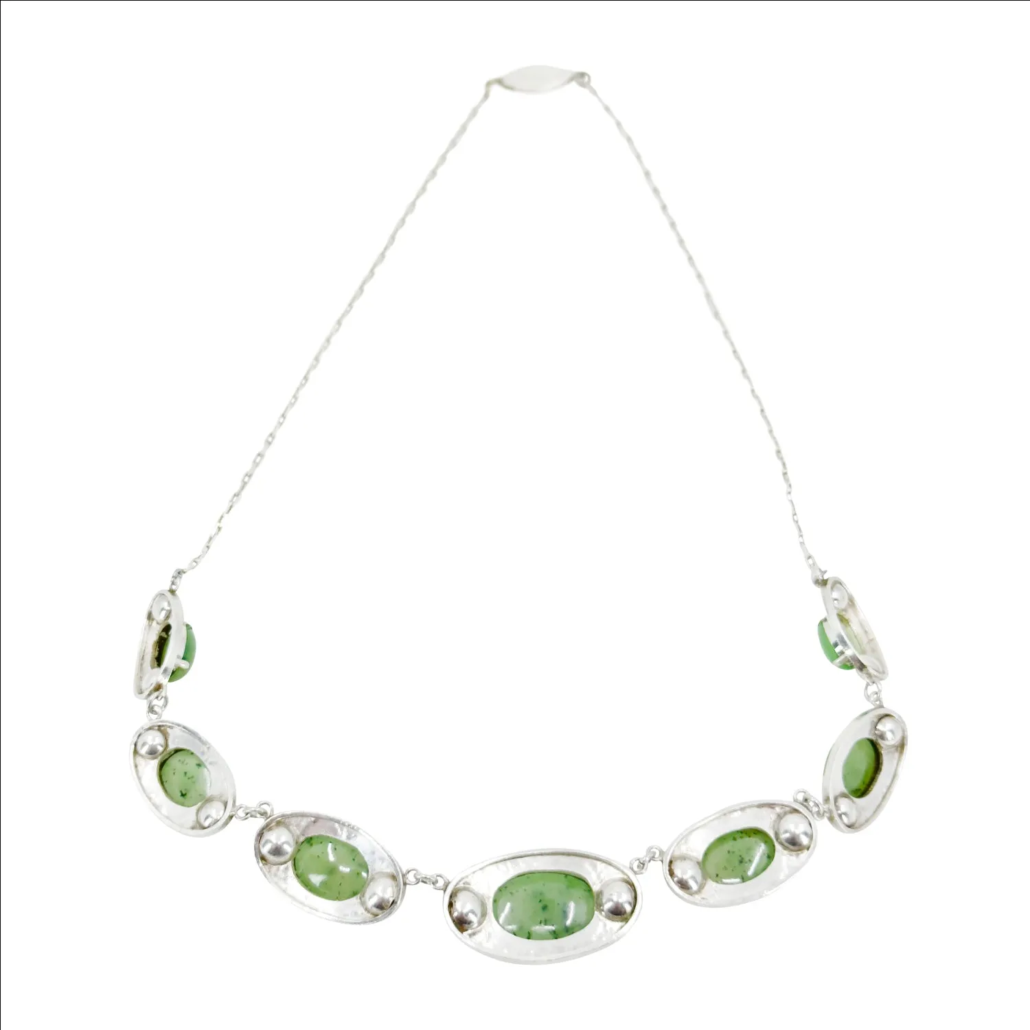 Nephrite Jade Art Deco Engraved Japanese Cultured Akoya Pearl Modernist Pendant Necklace Bracelet Set- Sterling Silver 16 Inch