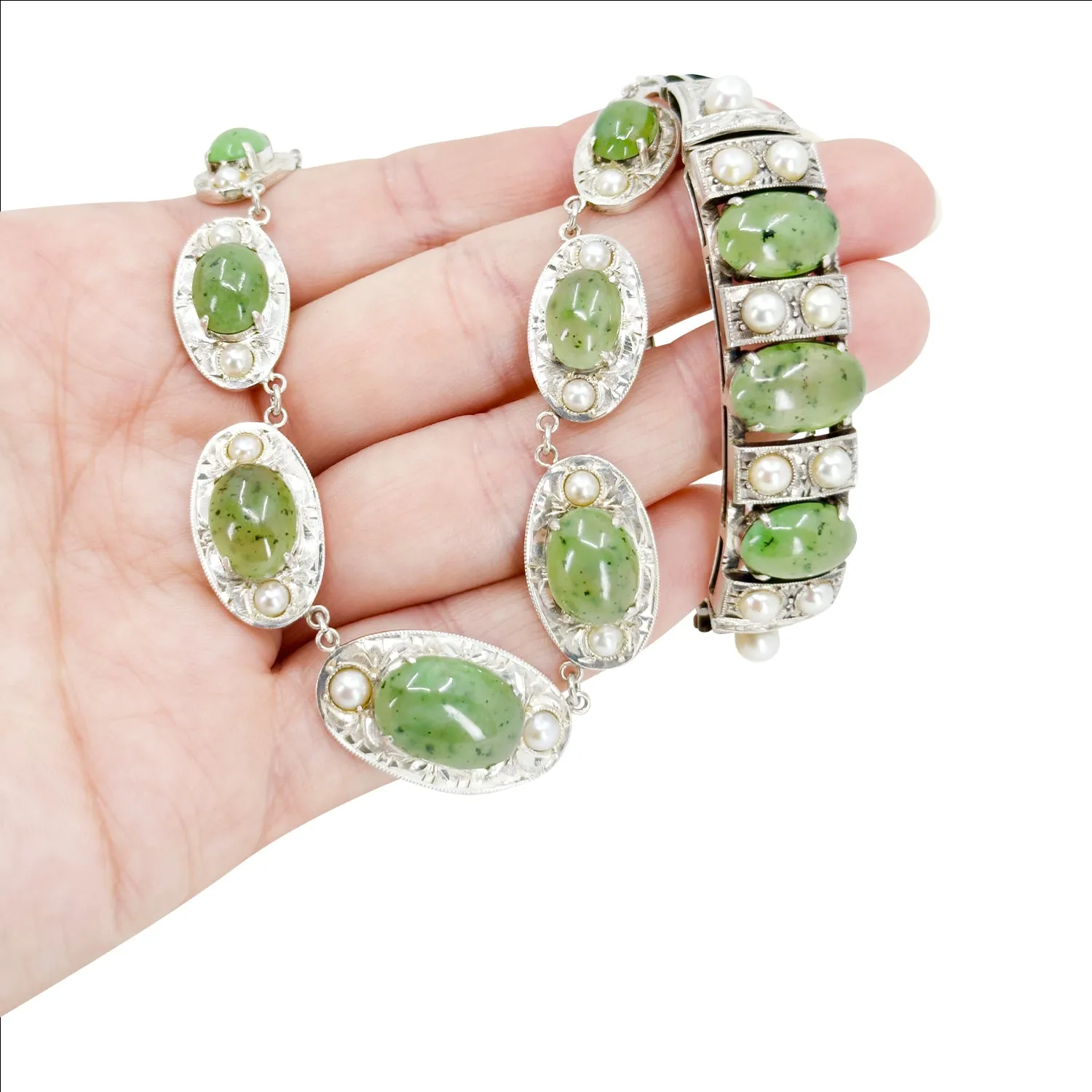 Nephrite Jade Art Deco Engraved Japanese Cultured Akoya Pearl Modernist Pendant Necklace Bracelet Set- Sterling Silver 16 Inch