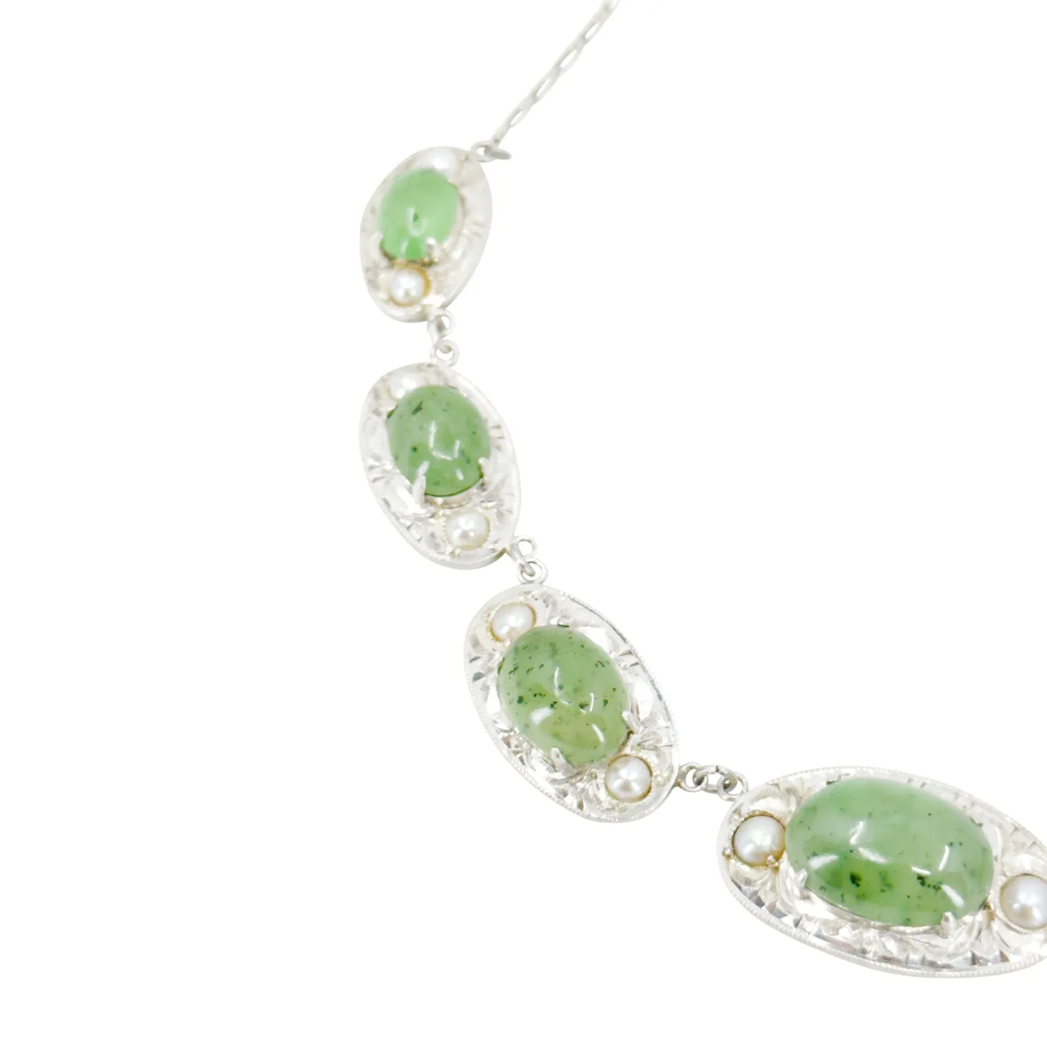 Nephrite Jade Art Deco Engraved Japanese Cultured Akoya Pearl Modernist Pendant Necklace Bracelet Set- Sterling Silver 16 Inch