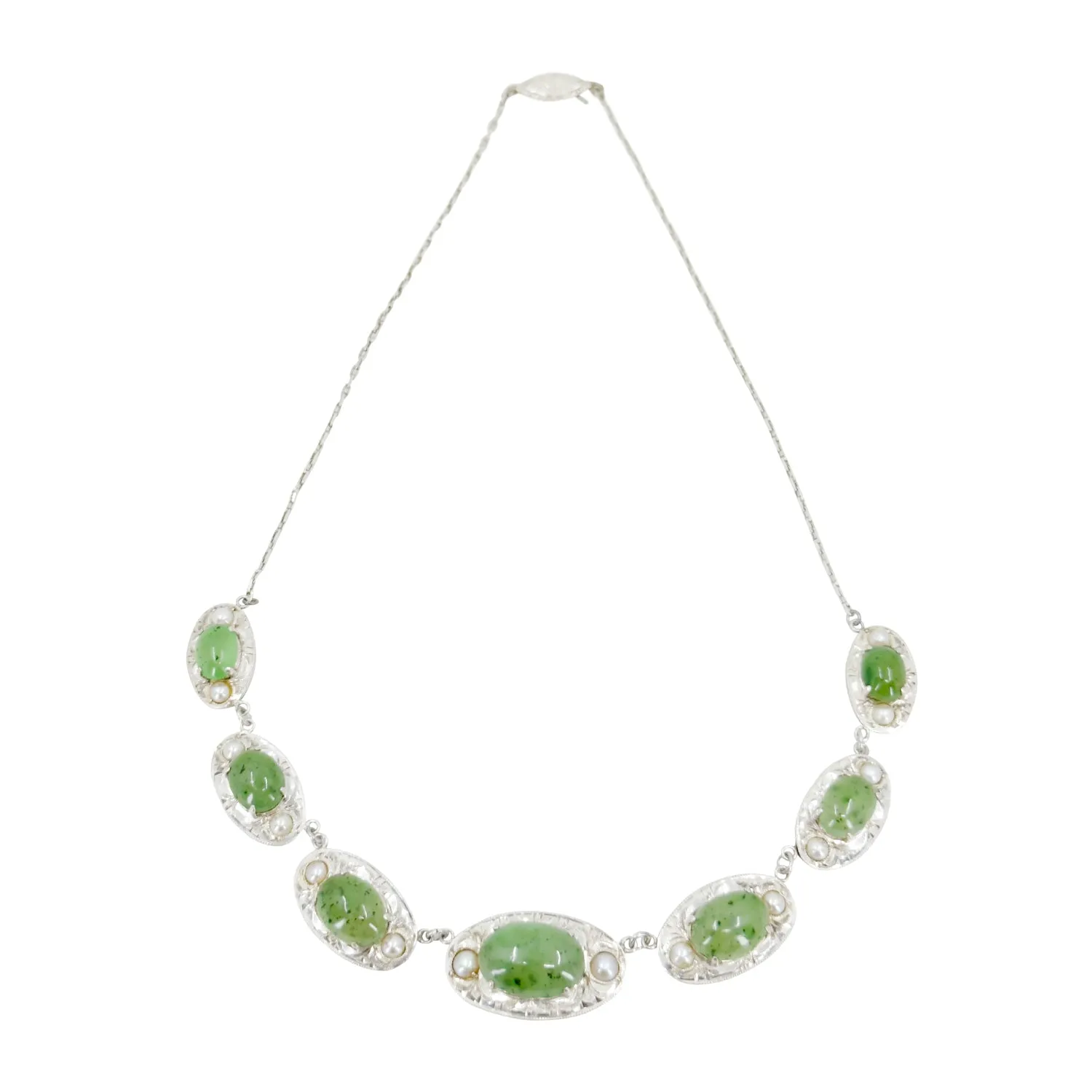 Nephrite Jade Art Deco Engraved Japanese Cultured Akoya Pearl Modernist Pendant Necklace Bracelet Set- Sterling Silver 16 Inch