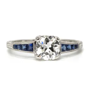 Old Mine Cut Lab Grown Diamond in Art Deco Style Mounting with Calibré Cut Sapphires