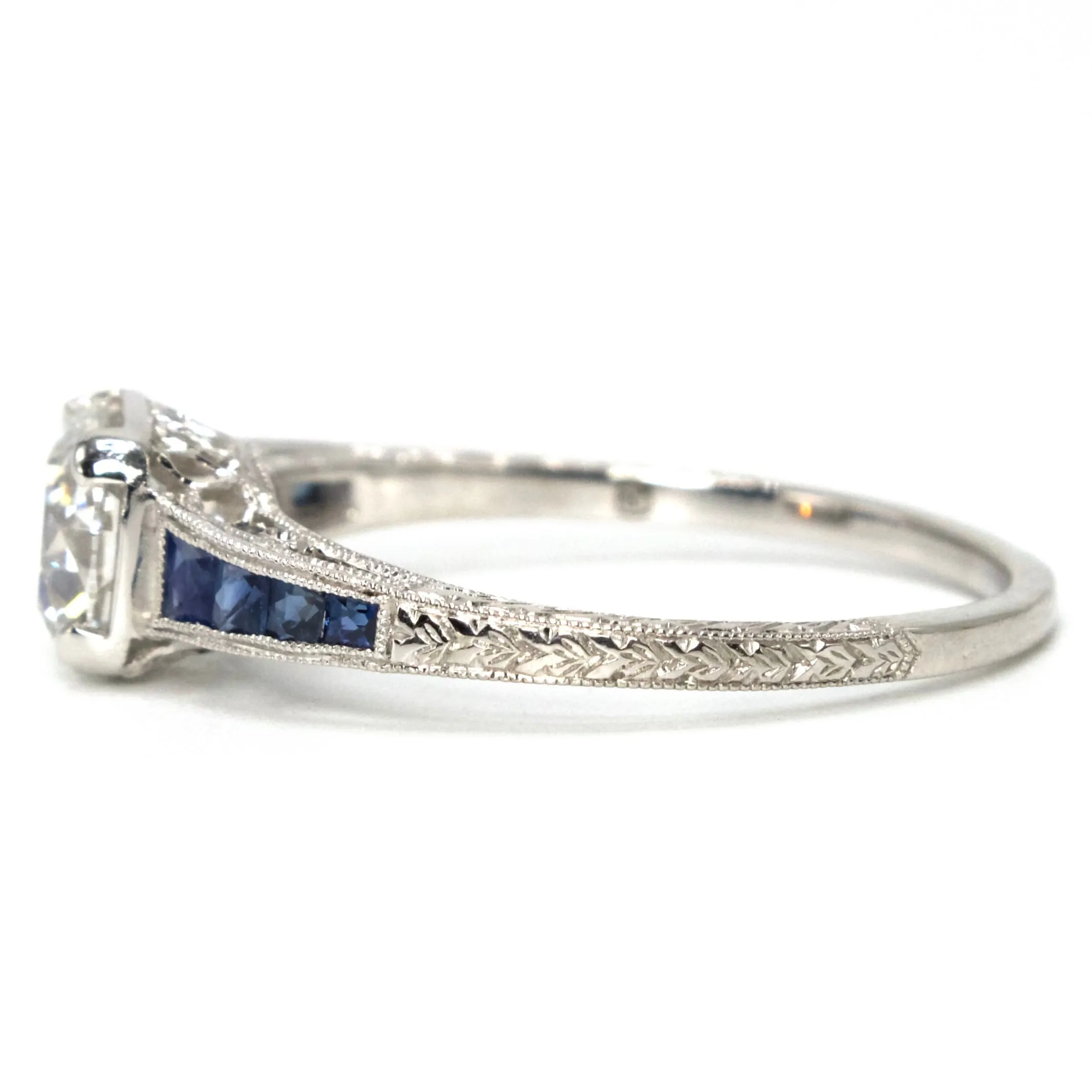 Old Mine Cut Lab Grown Diamond in Art Deco Style Mounting with Calibré Cut Sapphires