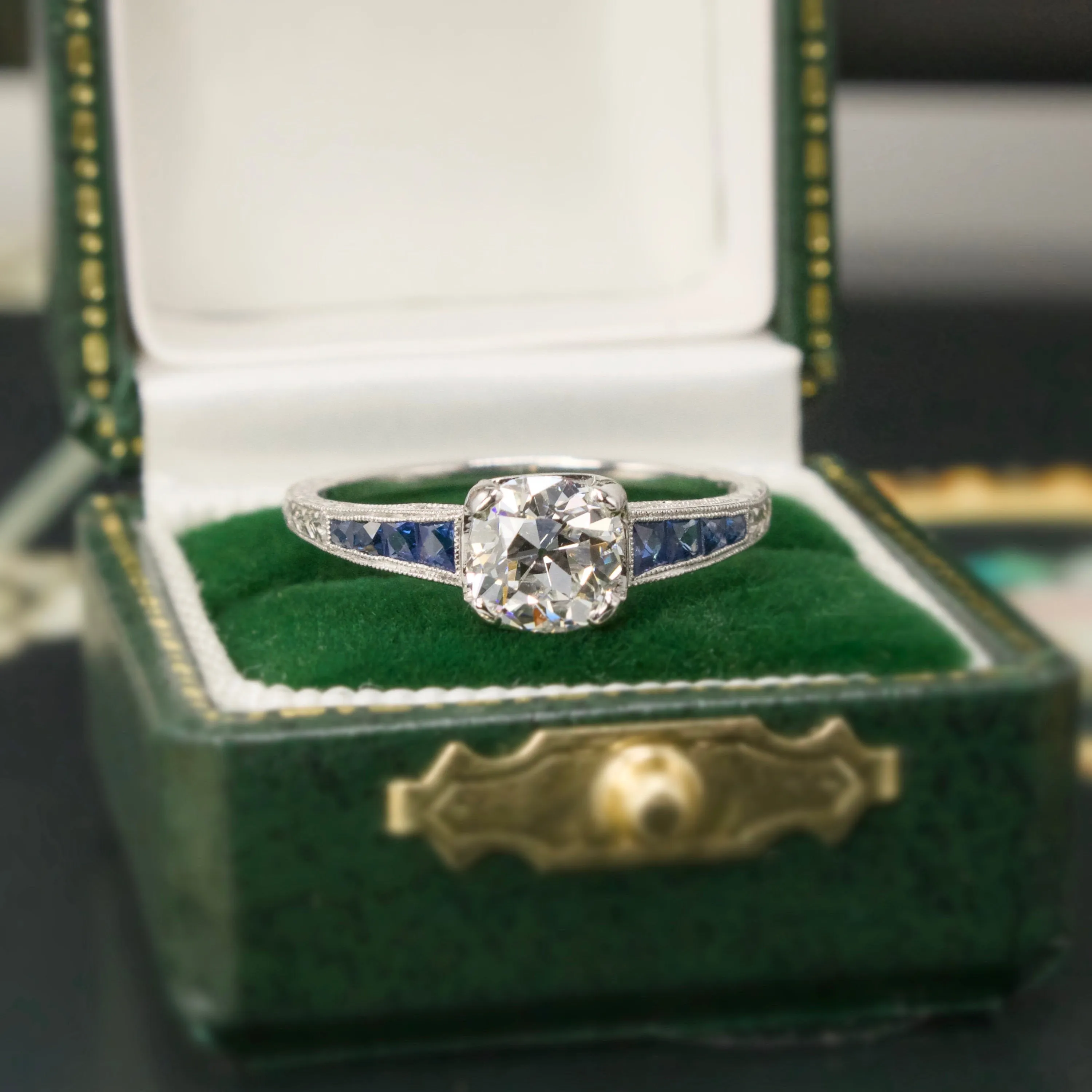 Old Mine Cut Lab Grown Diamond in Art Deco Style Mounting with Calibré Cut Sapphires