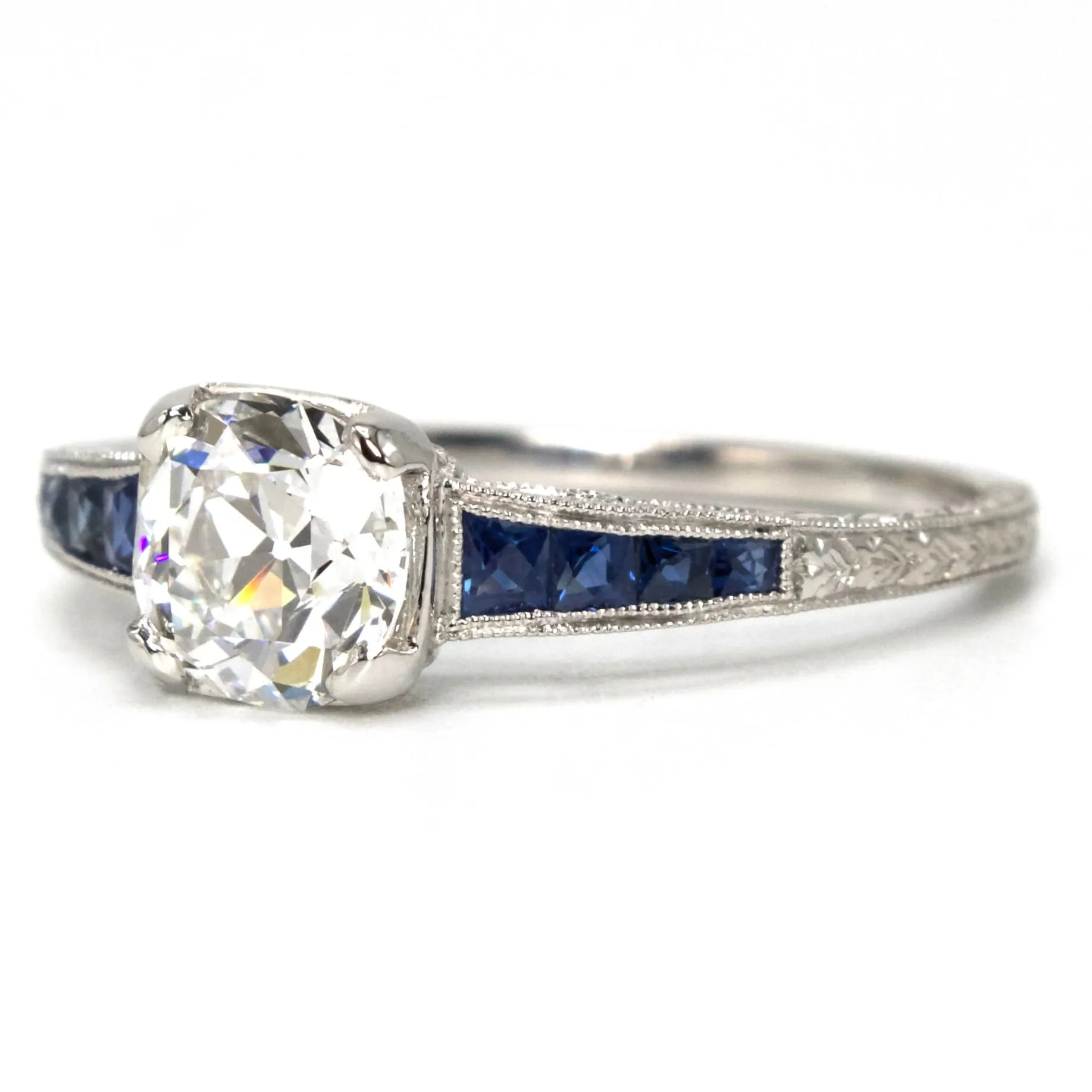 Old Mine Cut Lab Grown Diamond in Art Deco Style Mounting with Calibré Cut Sapphires