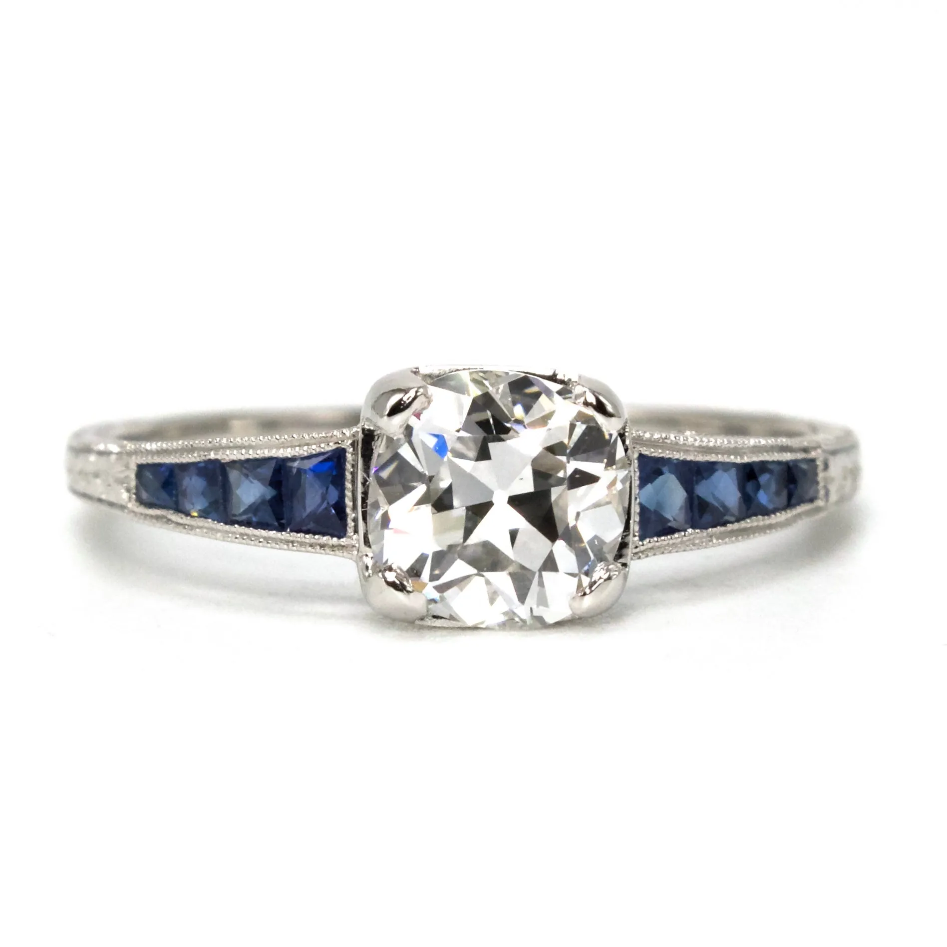 Old Mine Cut Lab Grown Diamond in Art Deco Style Mounting with Calibré Cut Sapphires