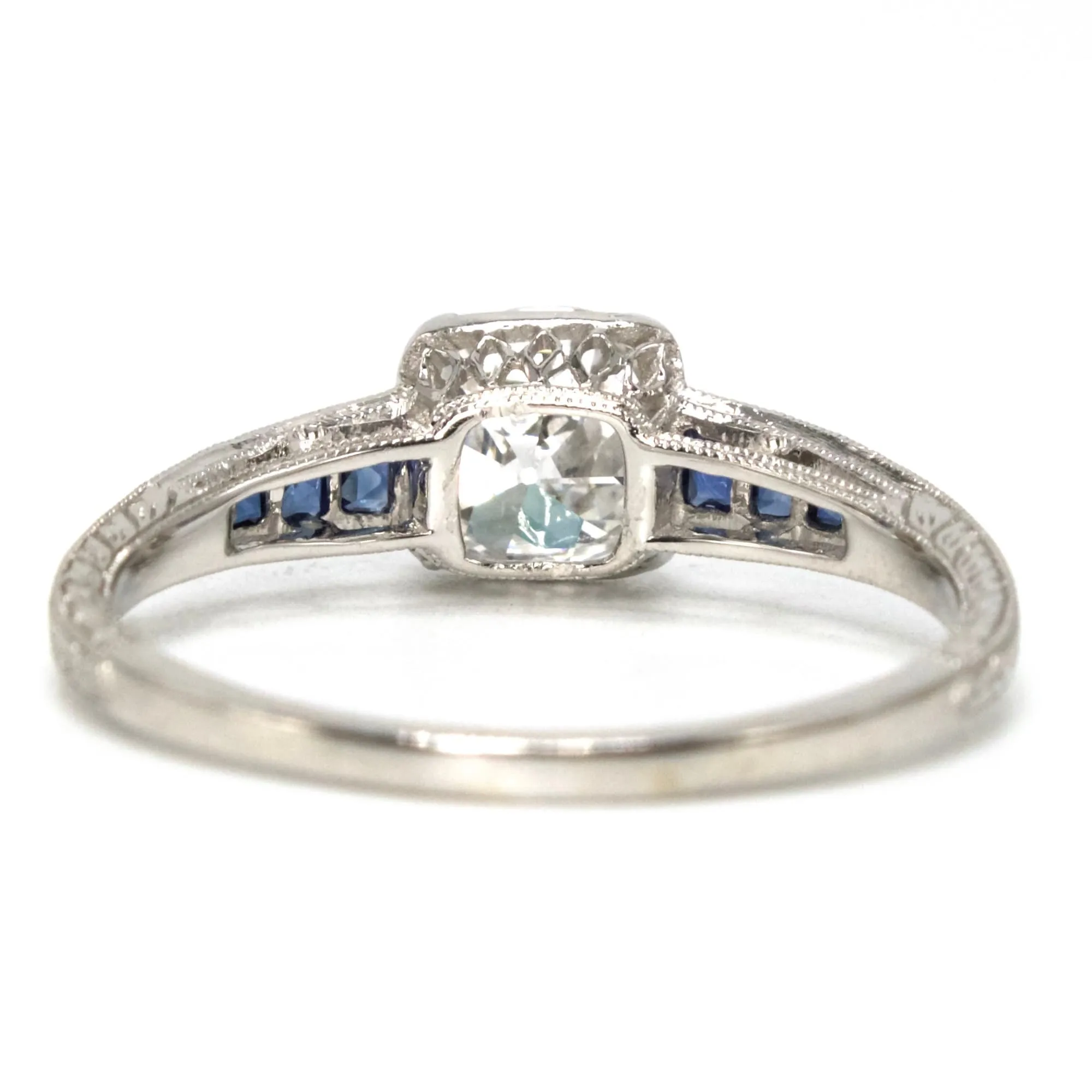 Old Mine Cut Lab Grown Diamond in Art Deco Style Mounting with Calibré Cut Sapphires
