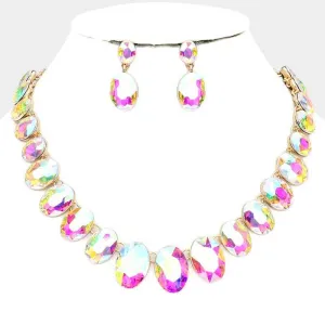 Oval Abalone Crystal Link Evening Gold Necklace Set
