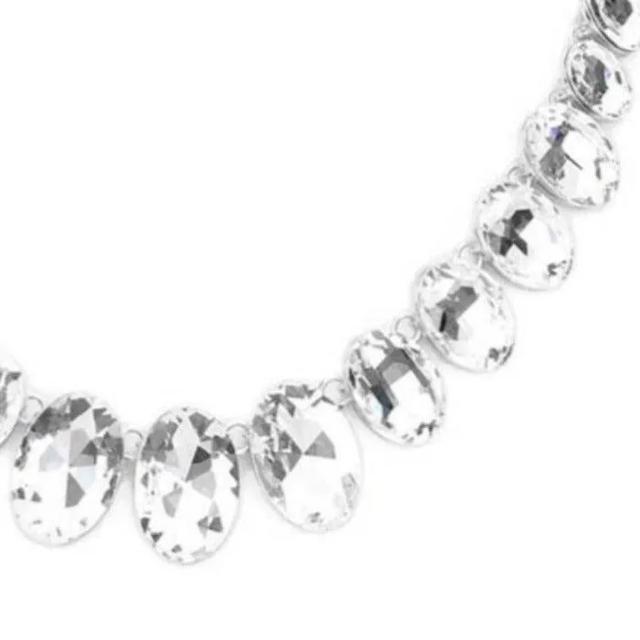Oval Clear Crystal Link Evening Silver Necklace Set