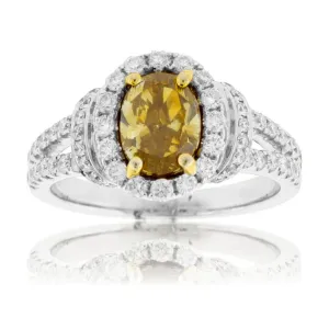 Oval Yellow Brownish Diamond & Diamond Halo Ring