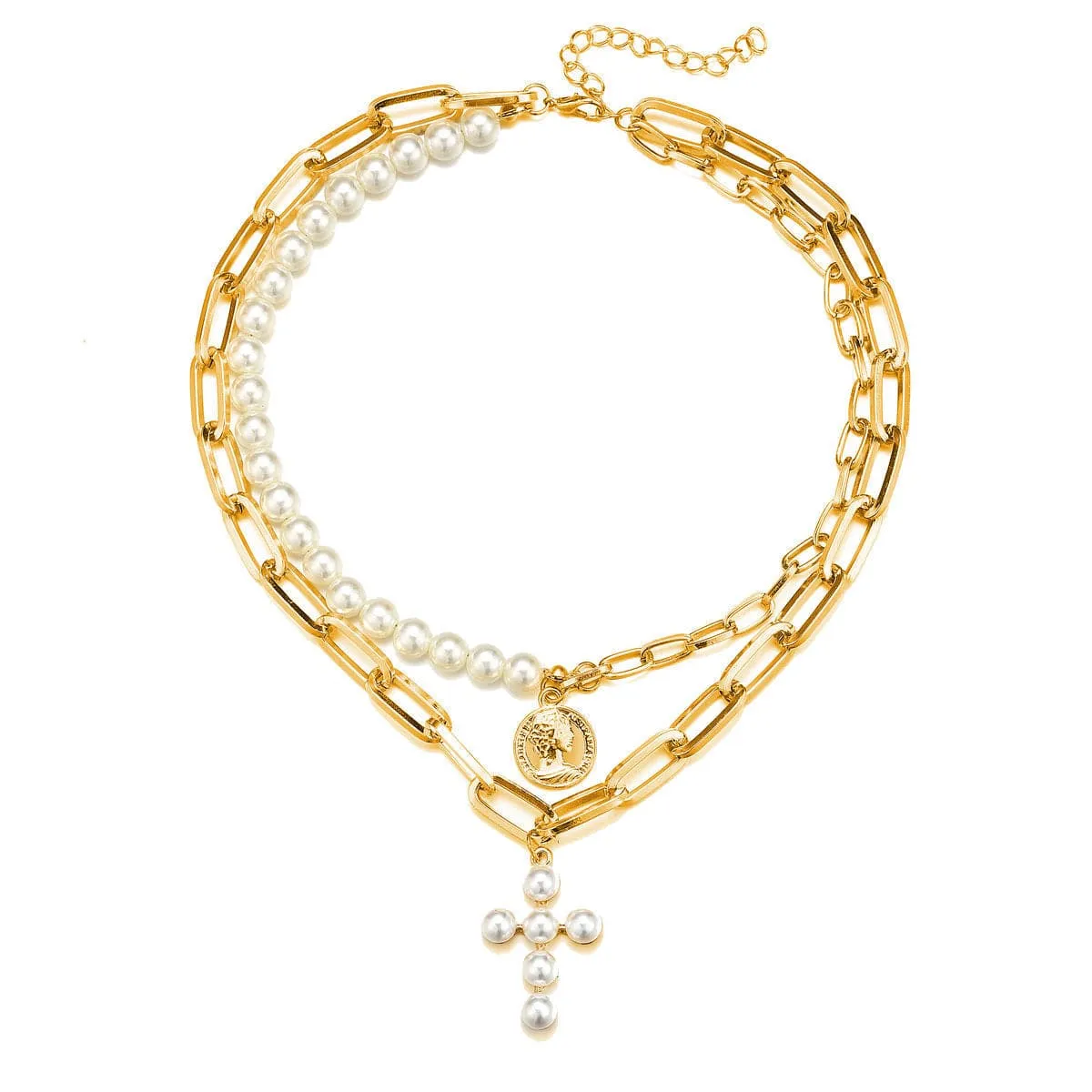 Pearl & 18K Gold-Plated Cross Layered Pendant Necklace