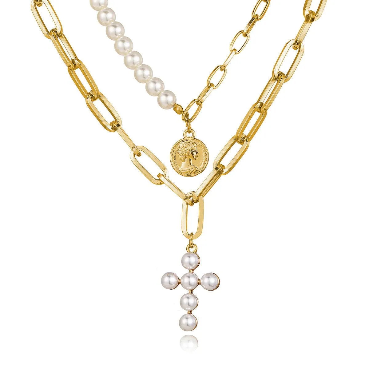 Pearl & 18K Gold-Plated Cross Layered Pendant Necklace