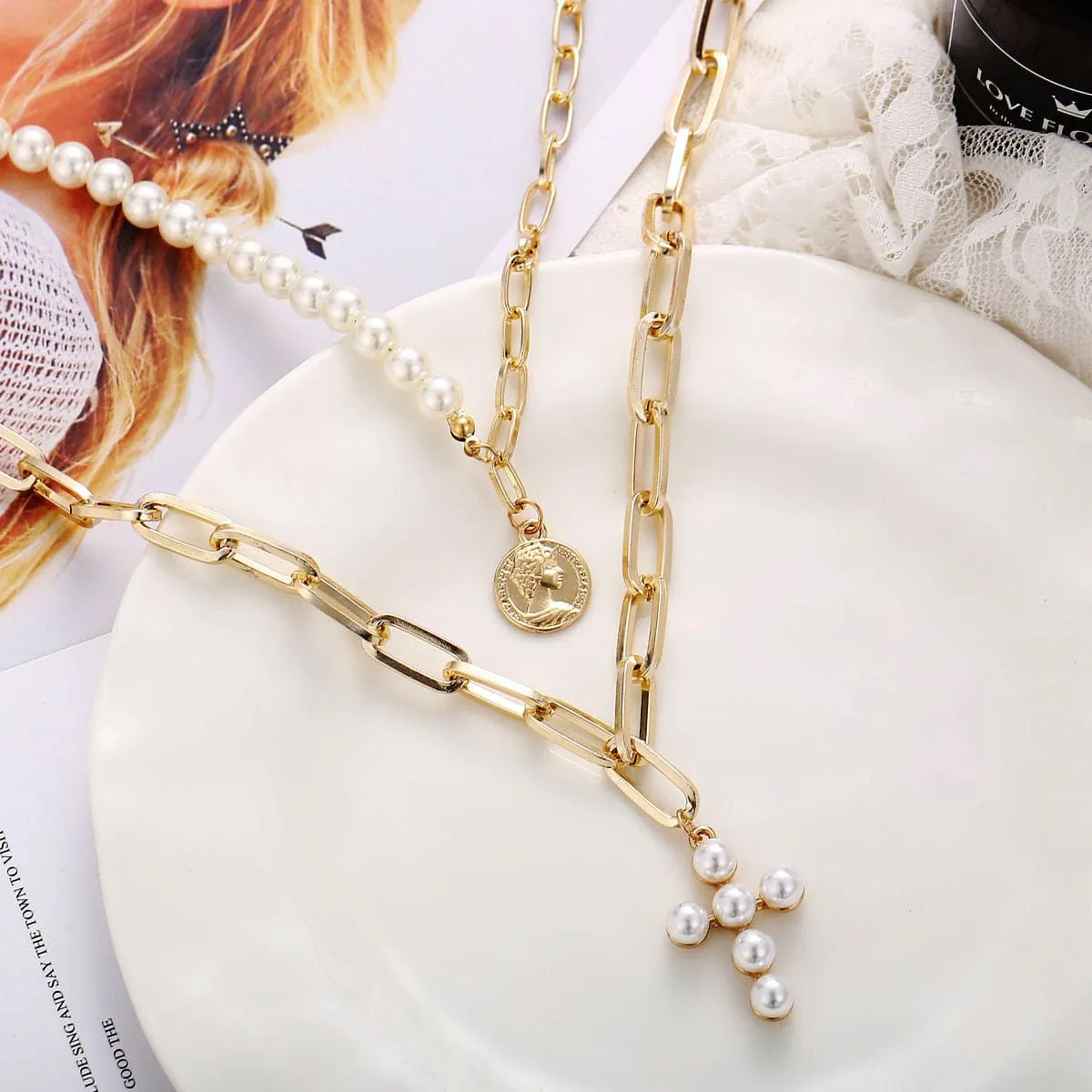 Pearl & 18K Gold-Plated Cross Layered Pendant Necklace
