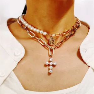 Pearl & 18K Gold-Plated Cross Layered Pendant Necklace