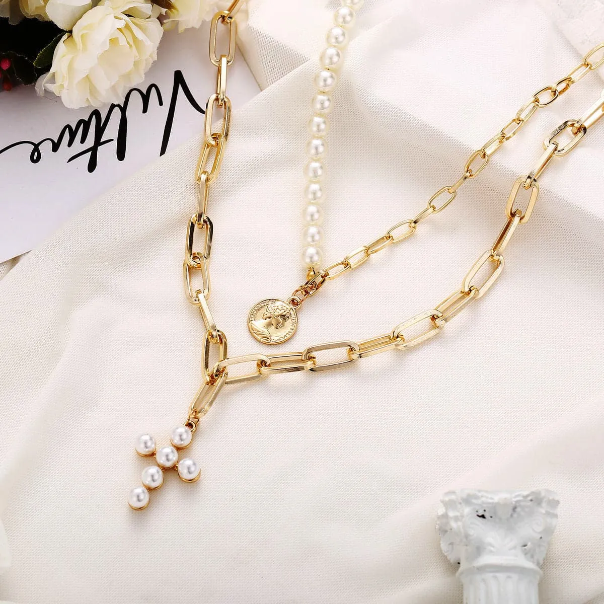 Pearl & 18K Gold-Plated Cross Layered Pendant Necklace