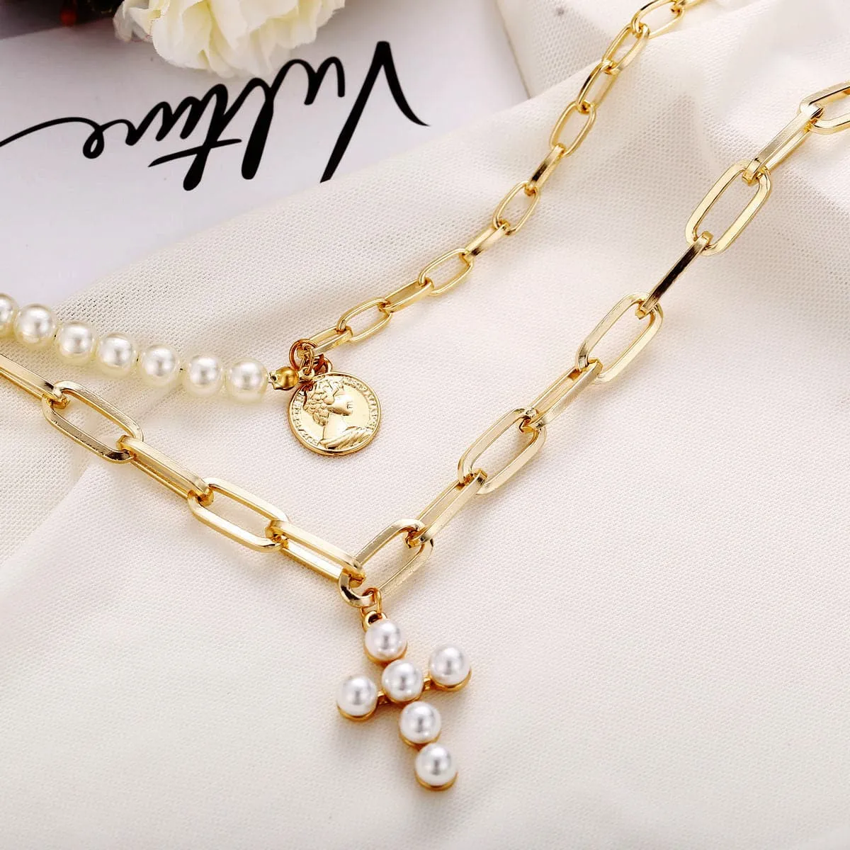 Pearl & 18K Gold-Plated Cross Layered Pendant Necklace