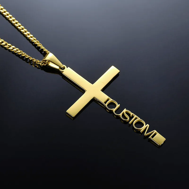 Personalized Cross Necklace Silver Curb Chain & Engraved Pendant