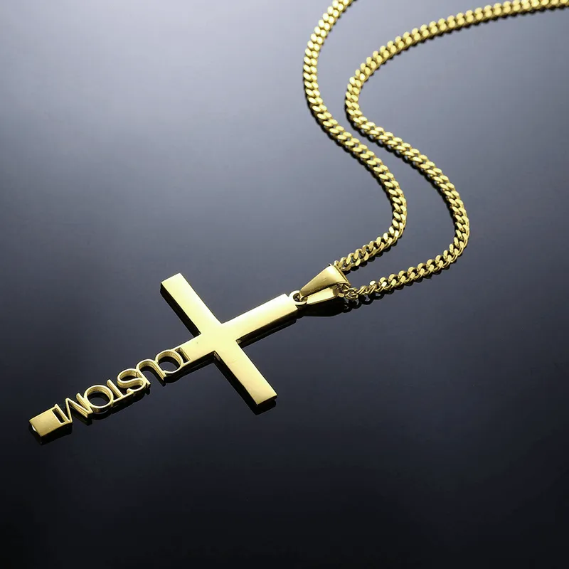 Personalized Cross Necklace Silver Curb Chain & Engraved Pendant