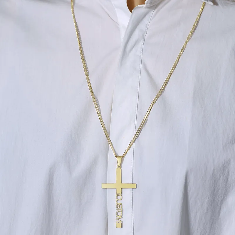 Personalized Cross Necklace Silver Curb Chain & Engraved Pendant