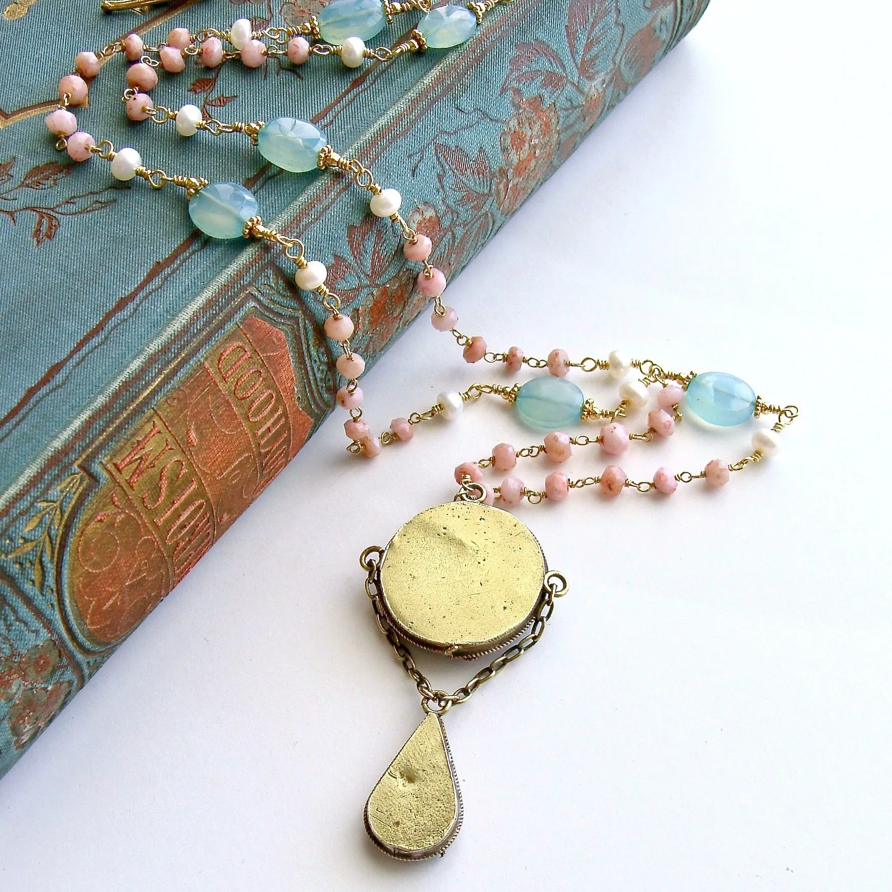 Peruvian Pink Opal Aqua Chalcedony Micro Mosaic Necklace - Floriana Necklace