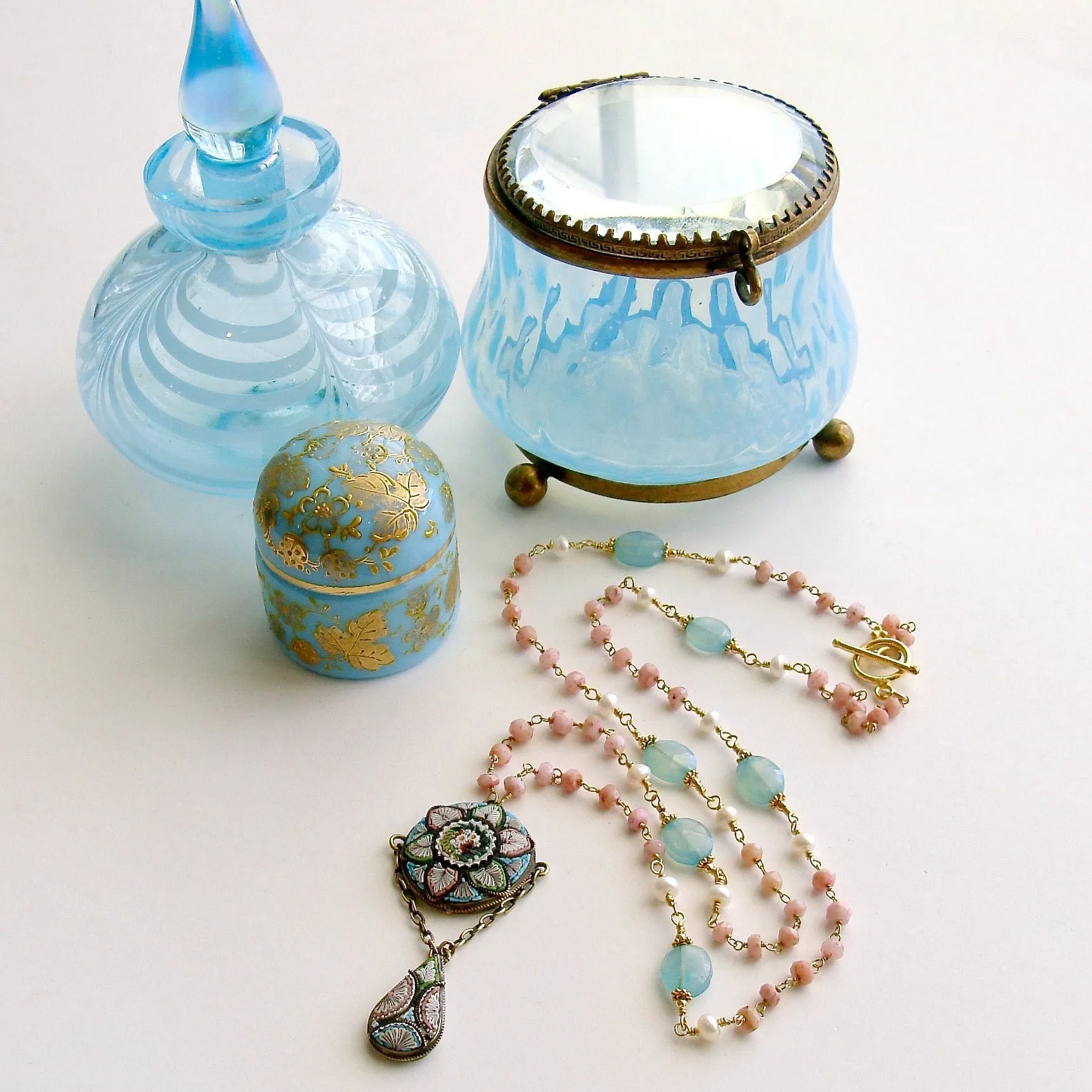 Peruvian Pink Opal Aqua Chalcedony Micro Mosaic Necklace - Floriana Necklace