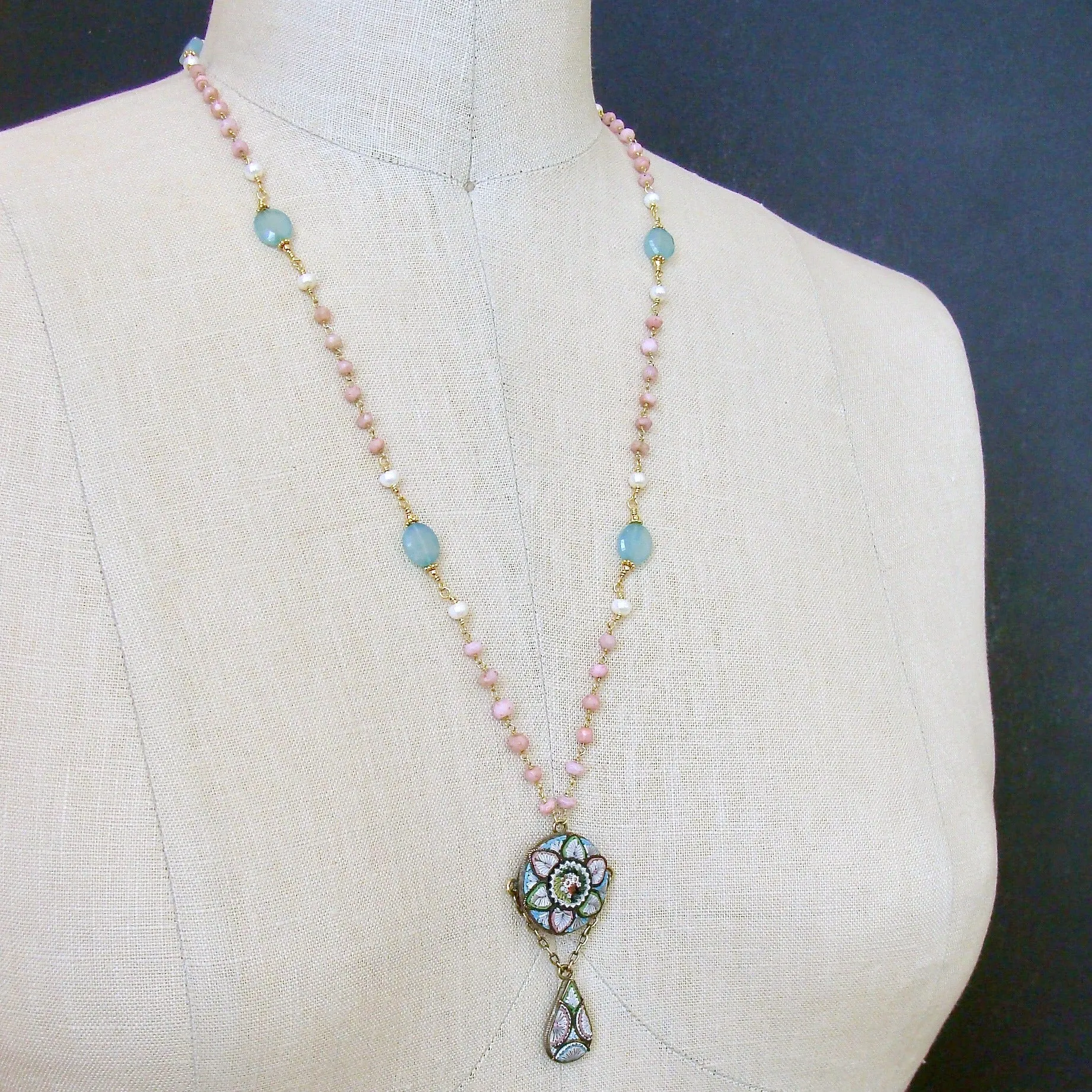 Peruvian Pink Opal Aqua Chalcedony Micro Mosaic Necklace - Floriana Necklace