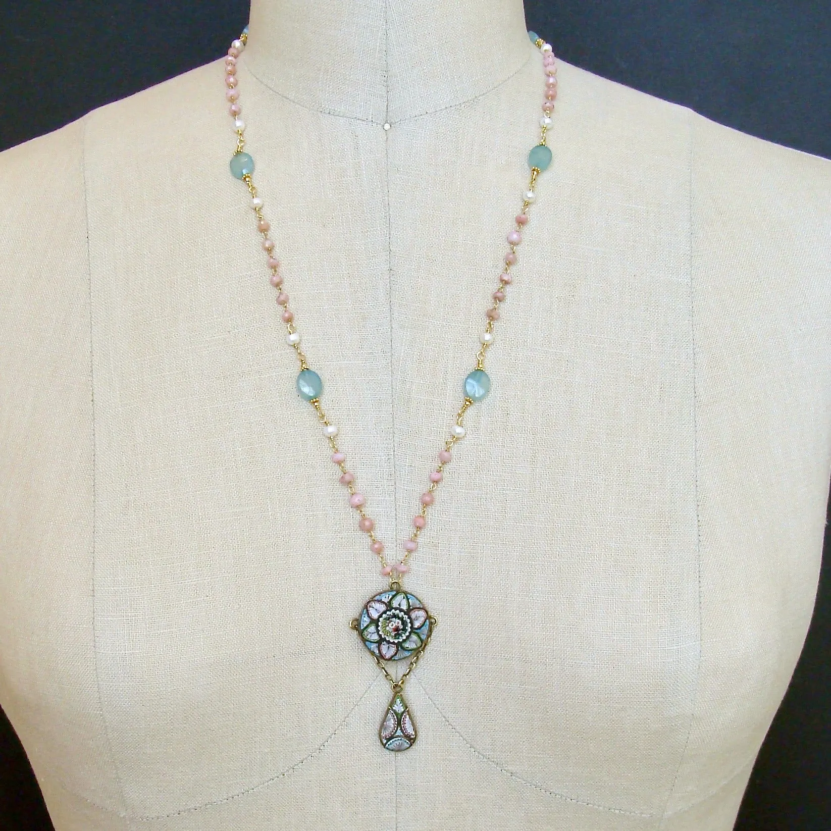Peruvian Pink Opal Aqua Chalcedony Micro Mosaic Necklace - Floriana Necklace