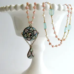 Peruvian Pink Opal Aqua Chalcedony Micro Mosaic Necklace - Floriana Necklace