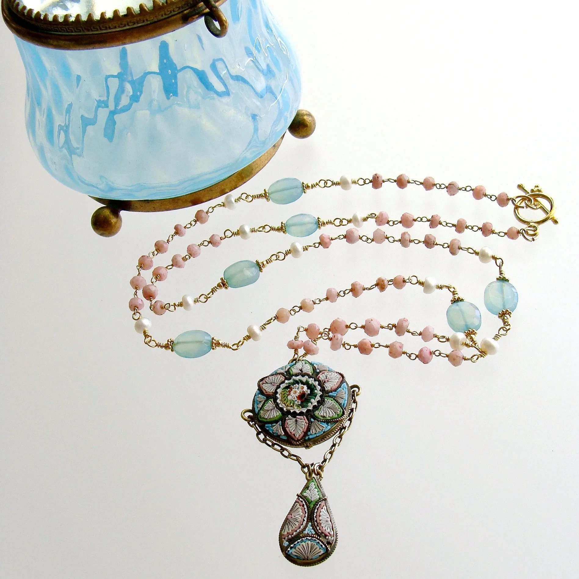 Peruvian Pink Opal Aqua Chalcedony Micro Mosaic Necklace - Floriana Necklace