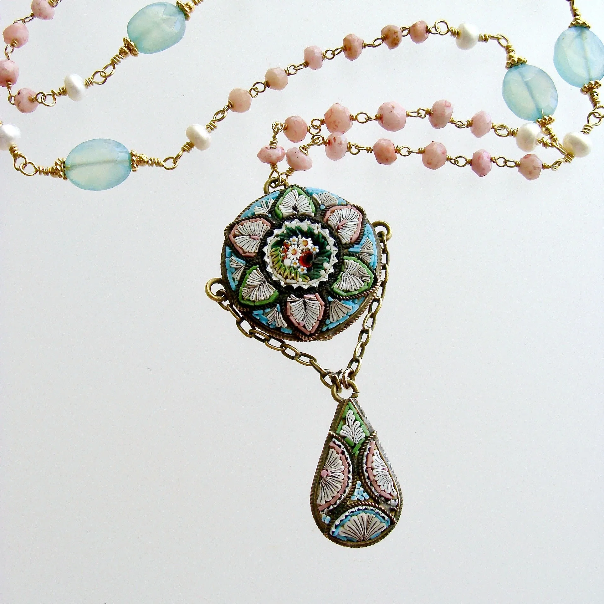 Peruvian Pink Opal Aqua Chalcedony Micro Mosaic Necklace - Floriana Necklace