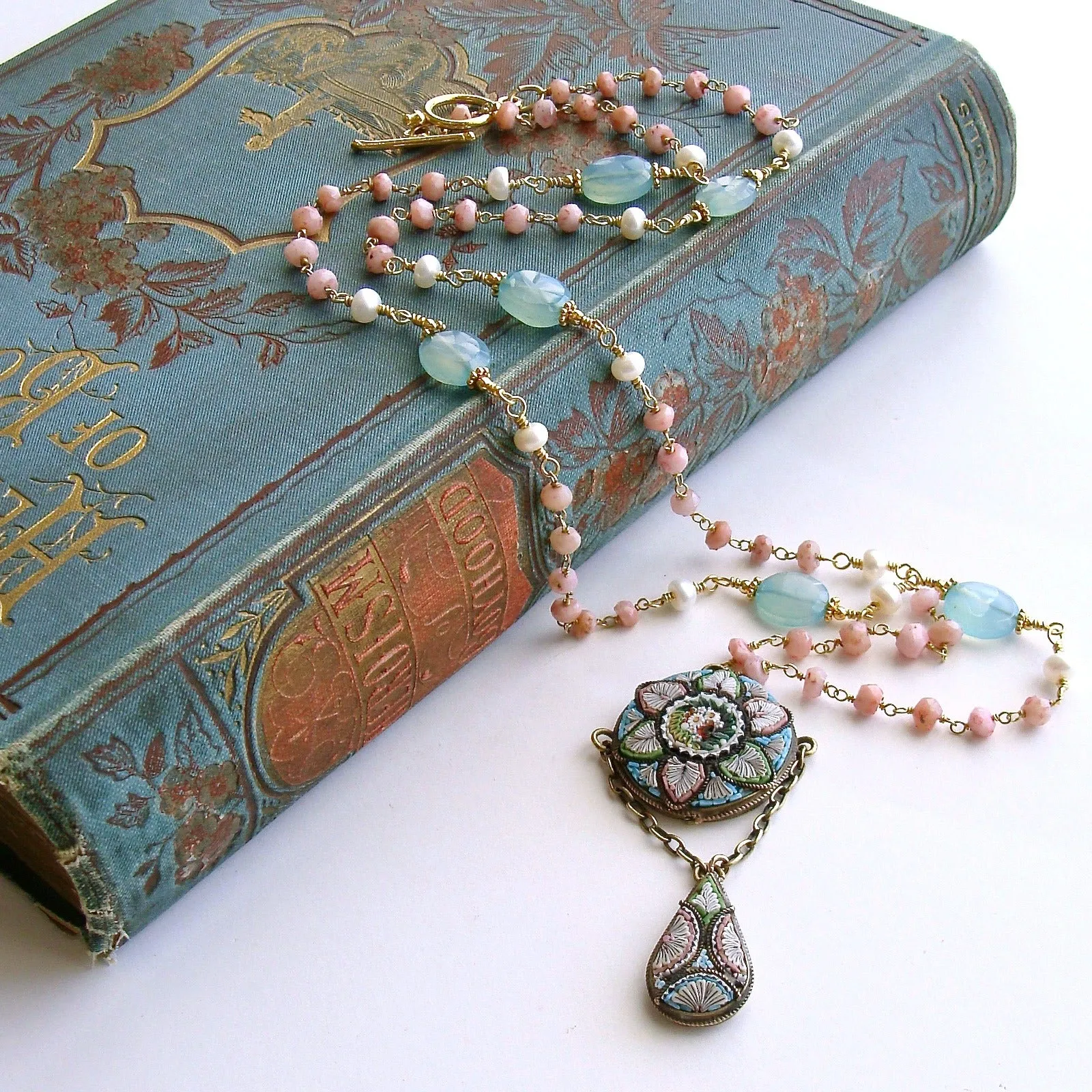 Peruvian Pink Opal Aqua Chalcedony Micro Mosaic Necklace - Floriana Necklace