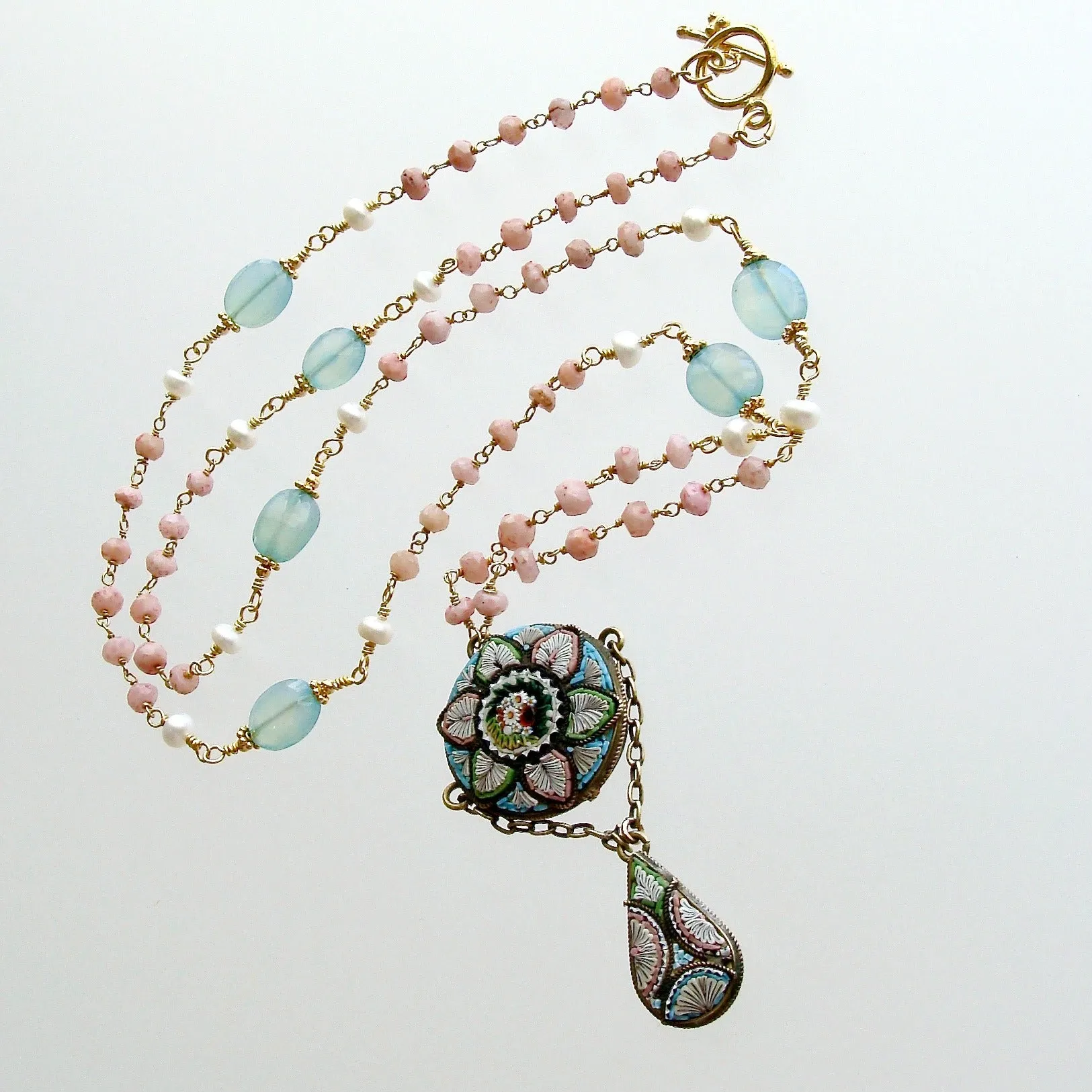 Peruvian Pink Opal Aqua Chalcedony Micro Mosaic Necklace - Floriana Necklace