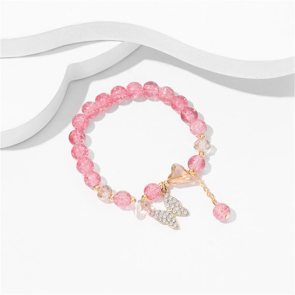 Pink Crystal & 18K Gold-Plated Heart Butterfly Beaded Stretch Bracelet